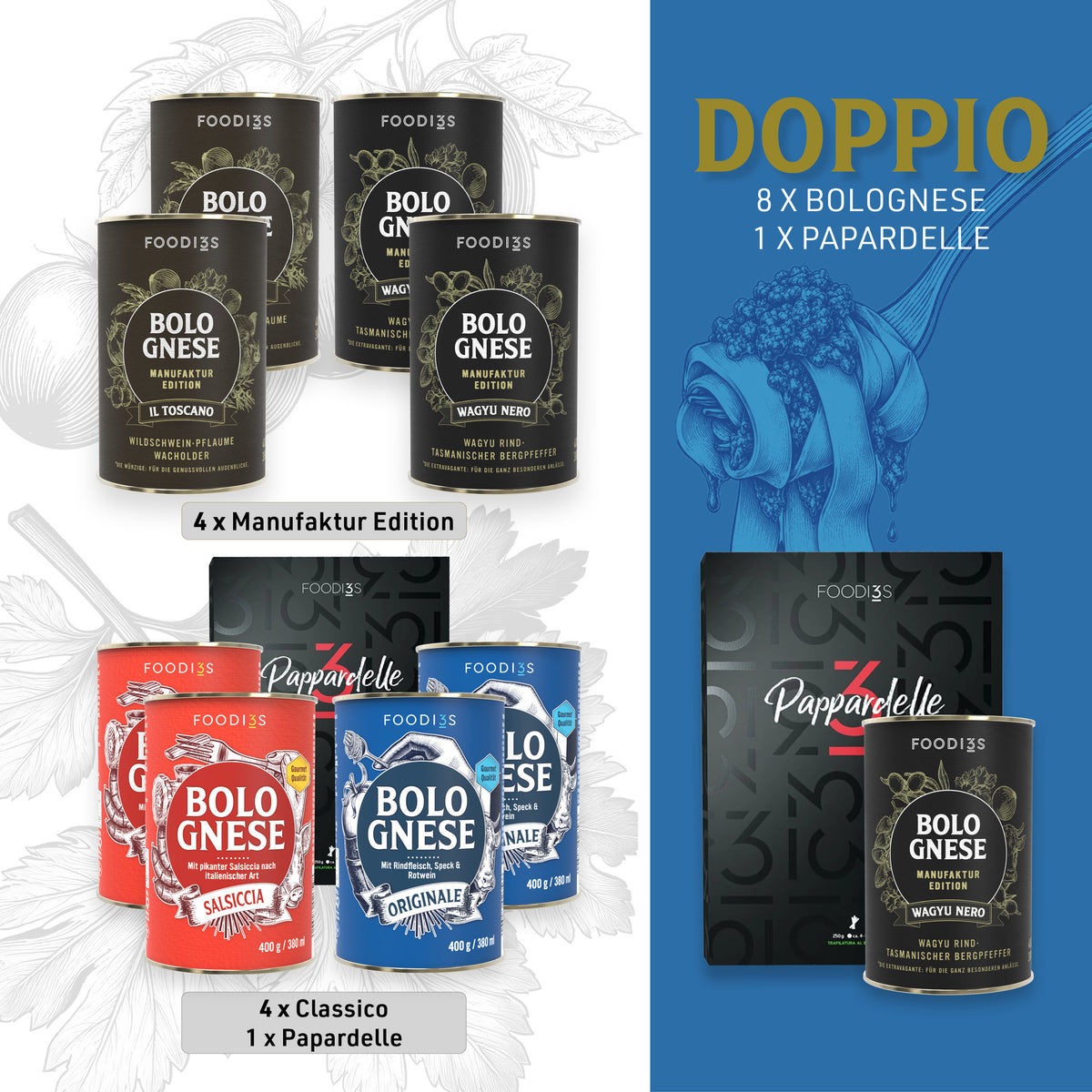 Probierpaket Doppio: acht Dosen Bolognese, vier aus der Manufaktur Edition und vier Classico, dazu Pappardelle