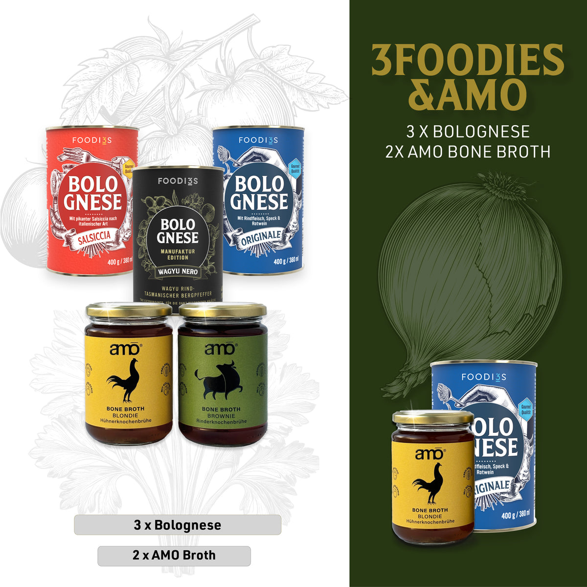 Probierpaket Foodies & Amo: drei Dosen Bolognese und zwei Gläser Amo Bone Broth