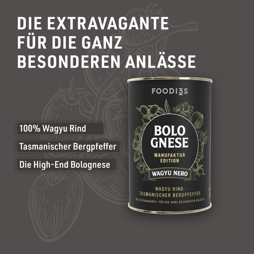 Boîte de Bolognese Wagyu Nero de la Manufaktur Edition sur fond gris foncé