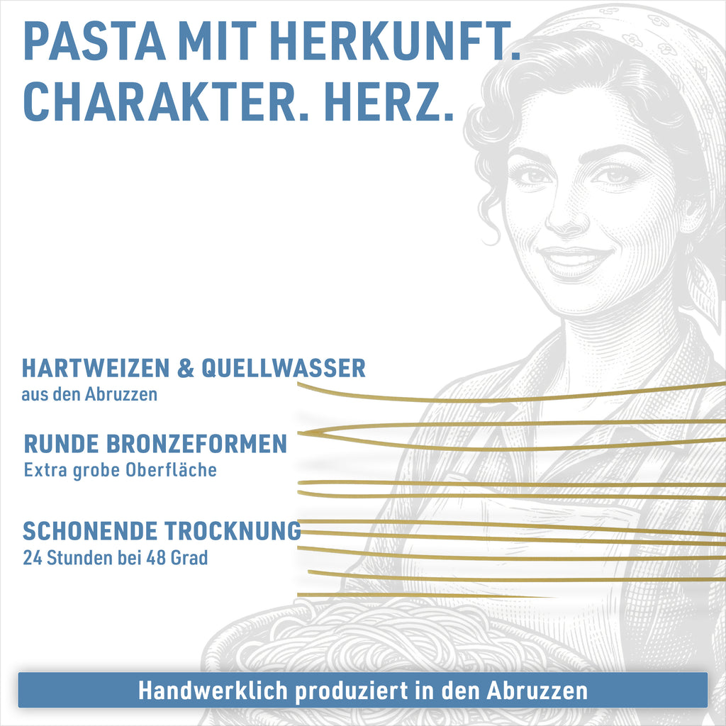 Spaghetti: Italiaanse harde tarwe, ronde bronzen matrijzen, 36 tot 48 uur langzaam gedroogd