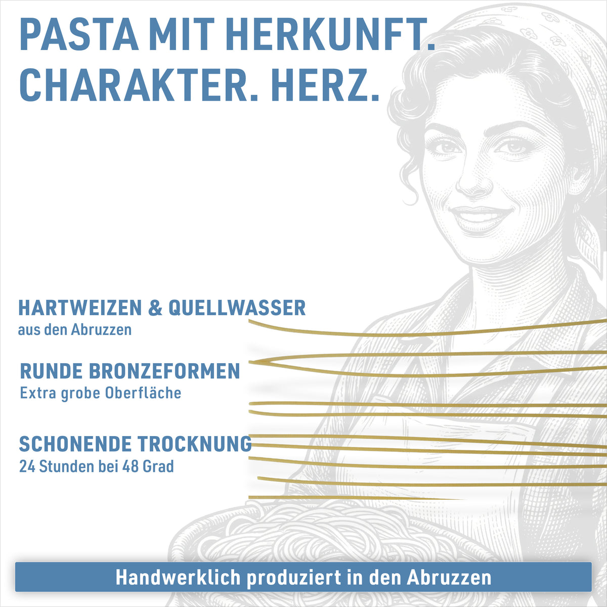 Spaghetti: Italiaanse harde tarwe, ronde bronzen matrijzen, 36 tot 48 uur langzaam gedroogd