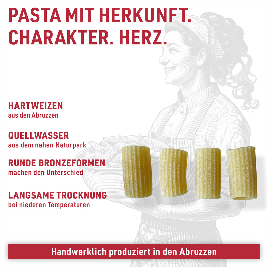 Mezzi Rigatoni: water from the Majella National Park, round bronze dies, slowly dried for 36 to 48 hours