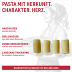 Mezzi Rigatoni: water from the Majella National Park, round bronze dies, slowly dried for 36 to 48 hours