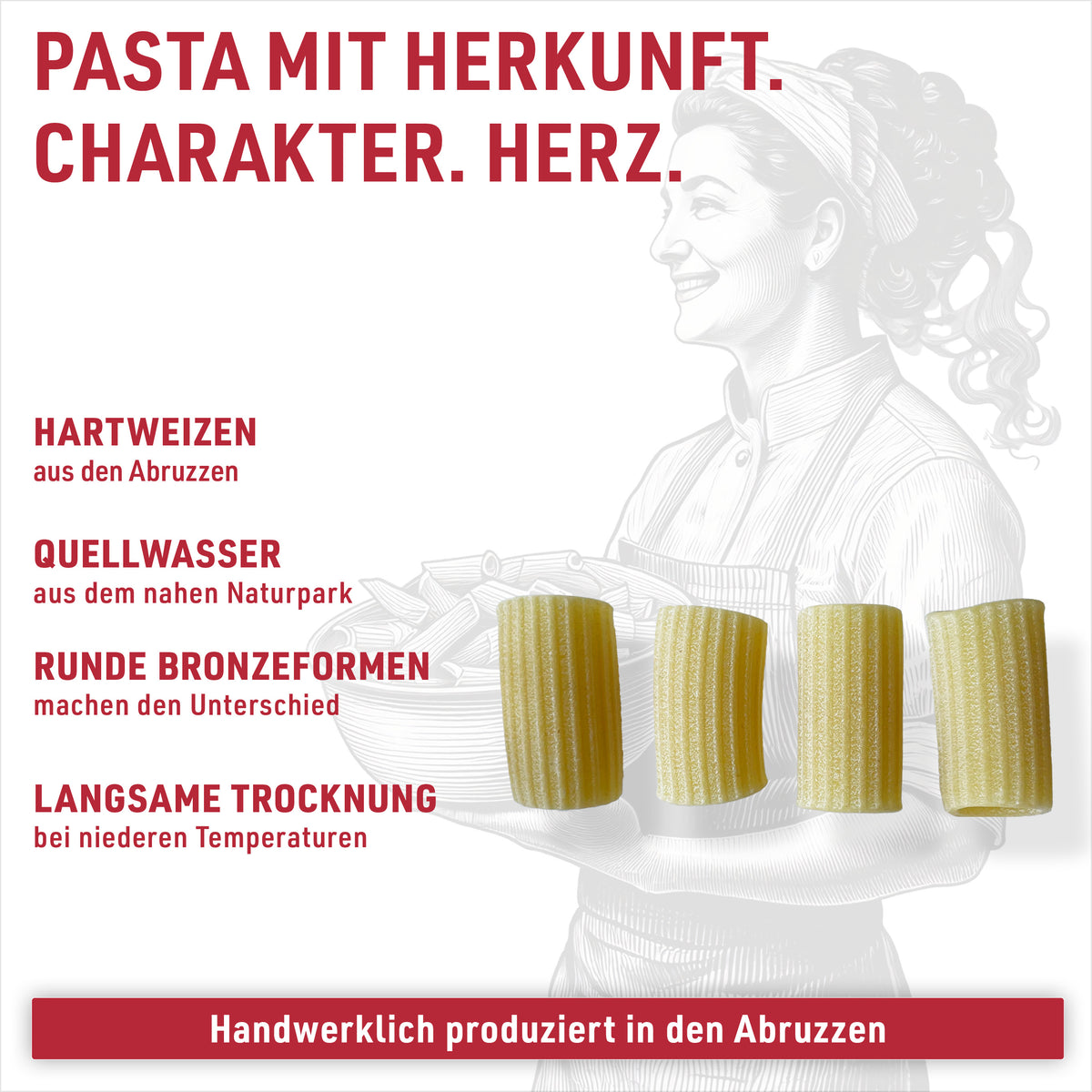 Mezzi Rigatoni: water from the Majella National Park, round bronze dies, slowly dried for 36 to 48 hours