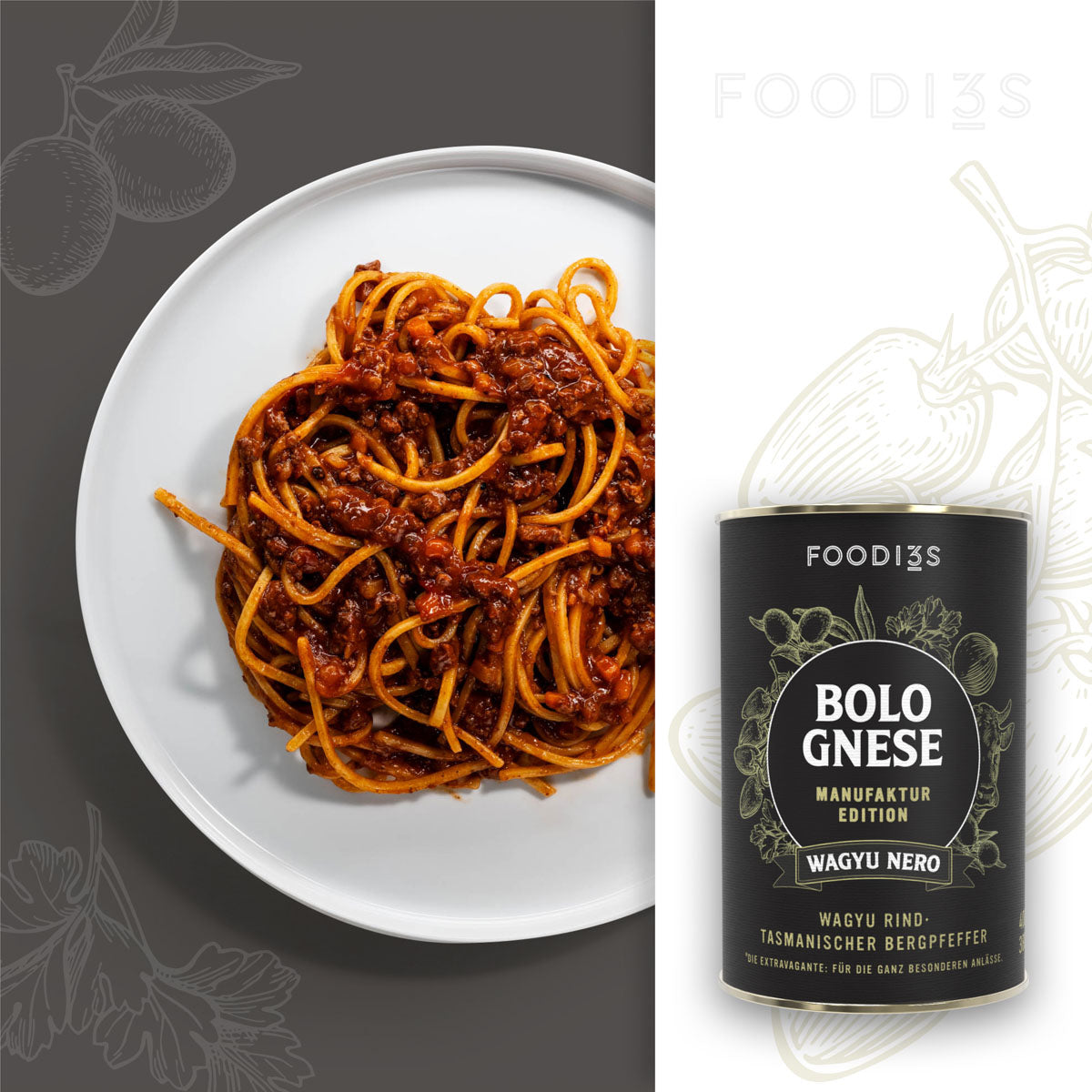 Bolognese Wagyu Nero: Teller mit langen Nudeln und Bolognese, daneben die schwarze Dose