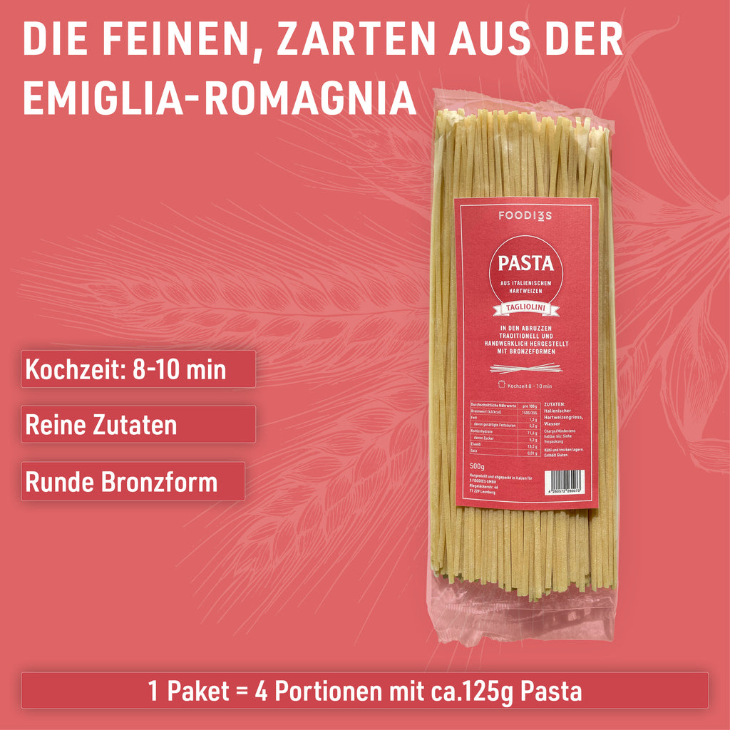 Paquet de Tagliolini : D'une manufacture familiale des Abruzzes. Cuisson 8 à 10 minutes
