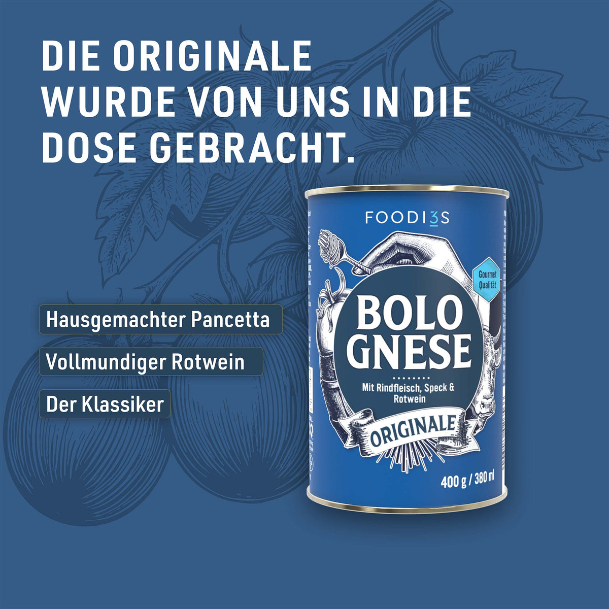 Dose Bolognese Originale vor blauem Hintergrund